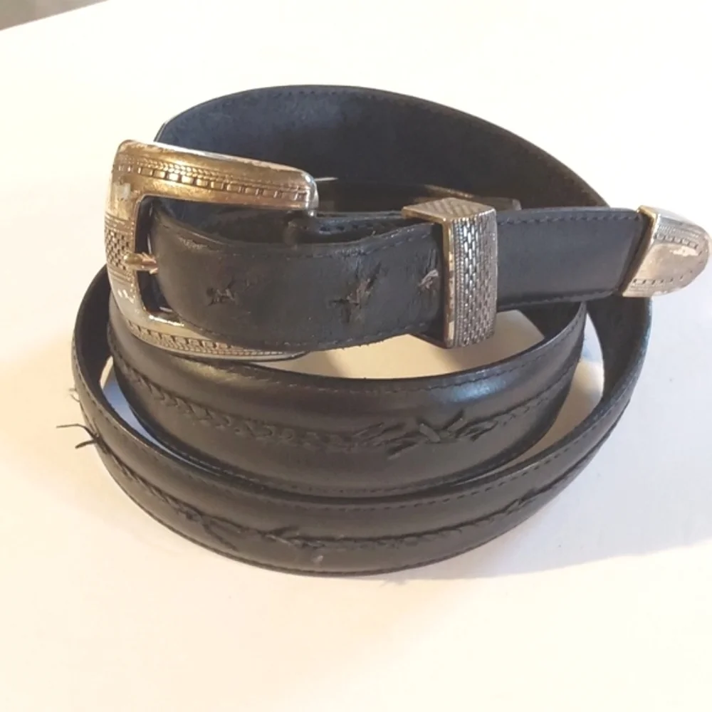 Men's Black Leather Belt Silver Buckle And Tip Neutral Sz. XL